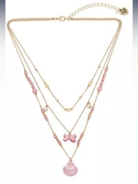 BETSEY JOHNSON Mermaid Jewels Three Layer Metallic Pink Shell & Bow Necklace NWT